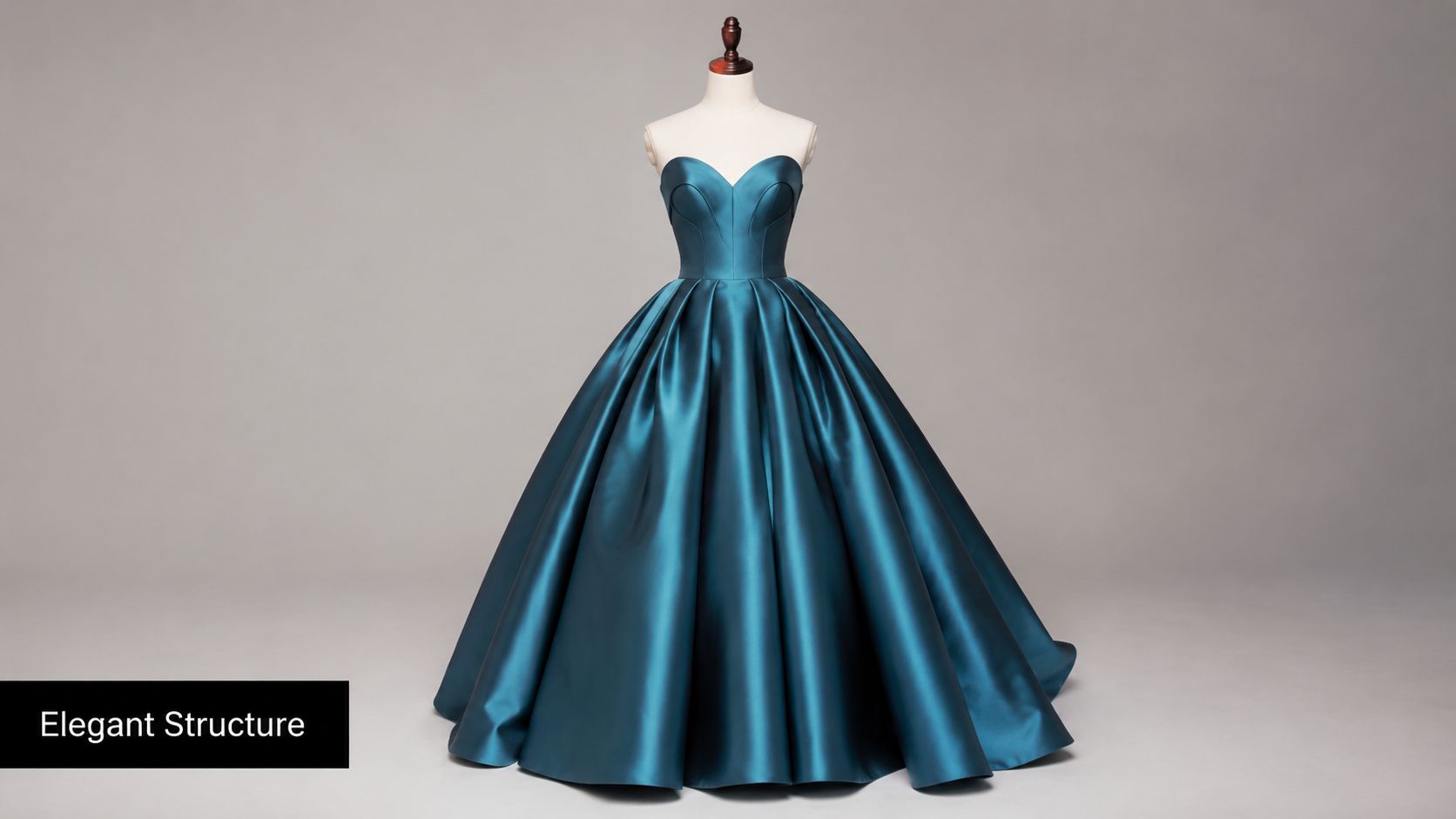A stunning teal duchess satin ball gown displayed on a mannequin against a neutral gray background.