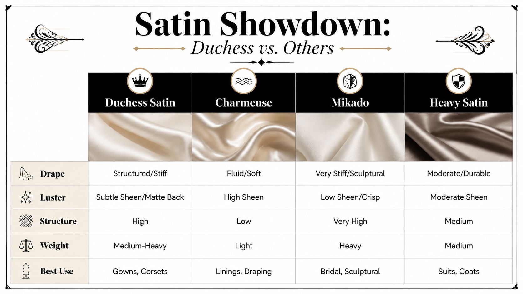 A comparison chart outlining the characteristics of different satin fabrics including Duchess, Charmeuse, Mikado, and Heavy Satin.