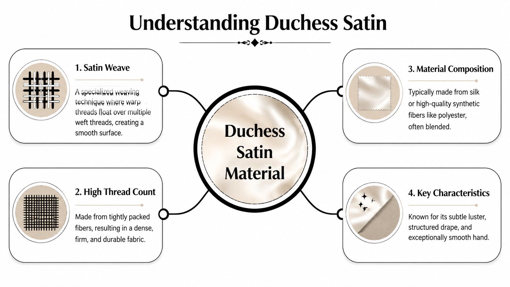 An infographic titled Understanding Duchess Satin detailing its weave, thread count, composition, and key fabric characteristics.
