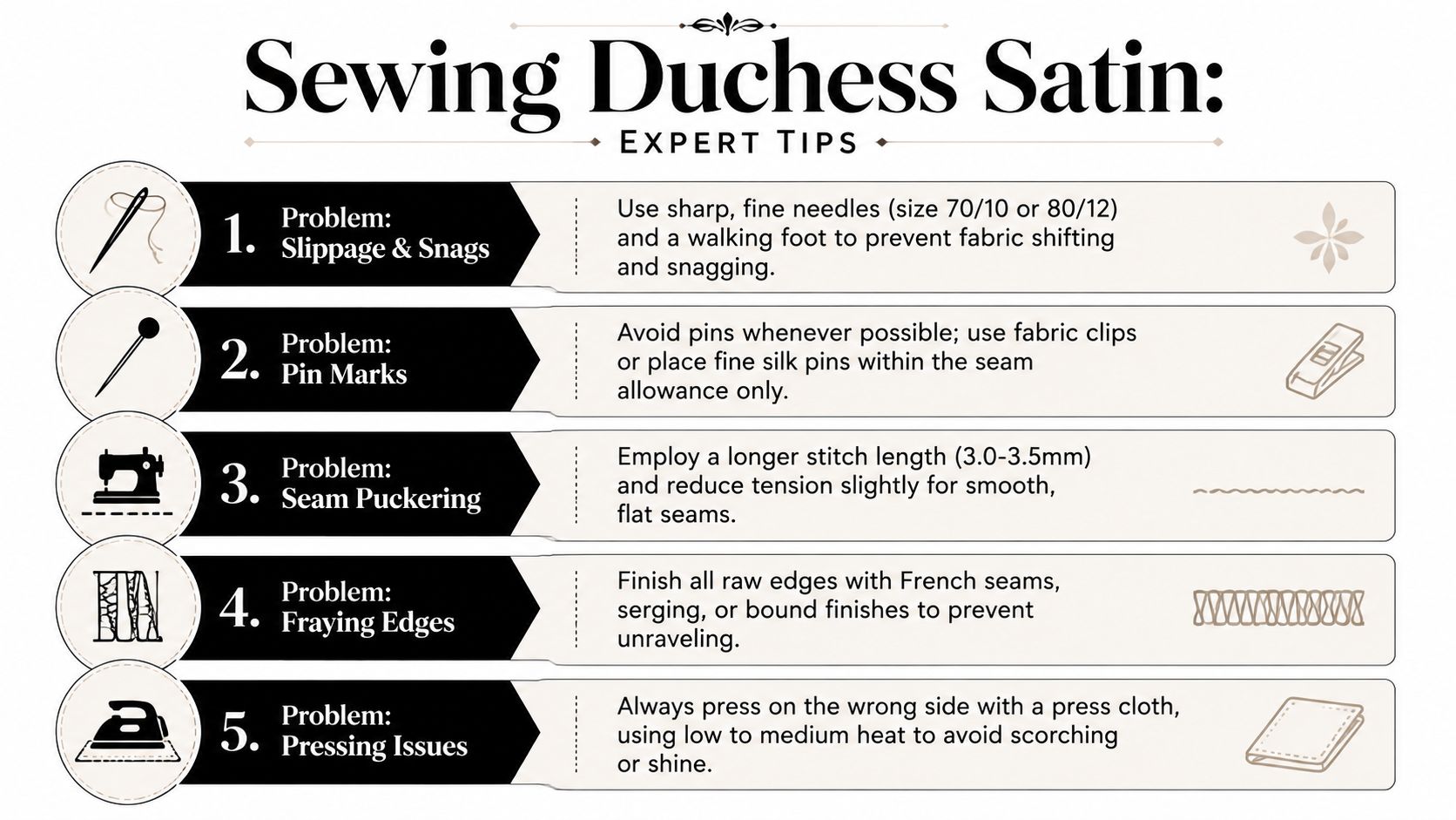 An infographic titled Sewing Duchess Satin providing five expert tips for handling and sewing this delicate fabric.