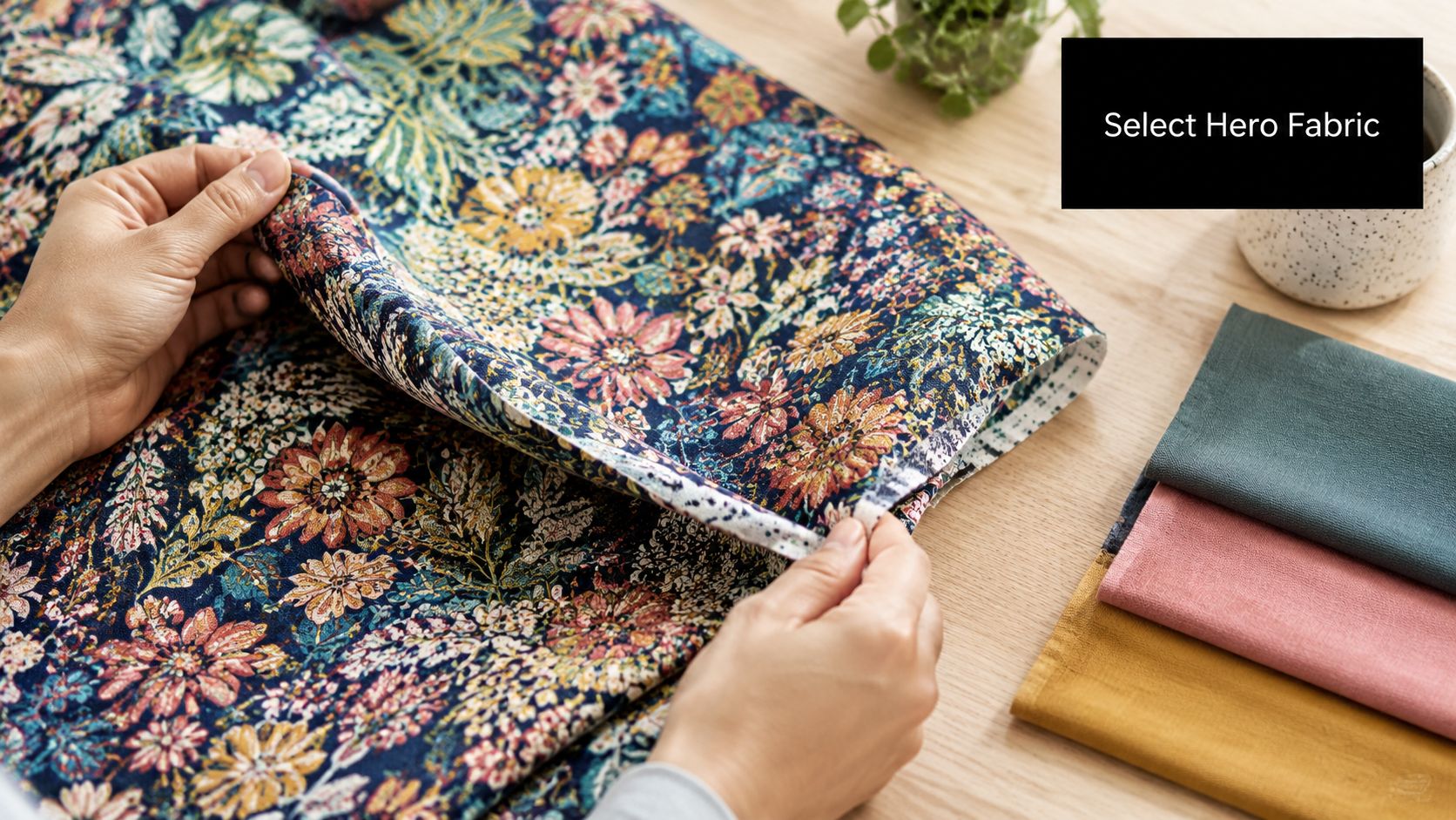 A person selecting a patterned floral hero fabric next to solid-colored swatches on a wooden table.