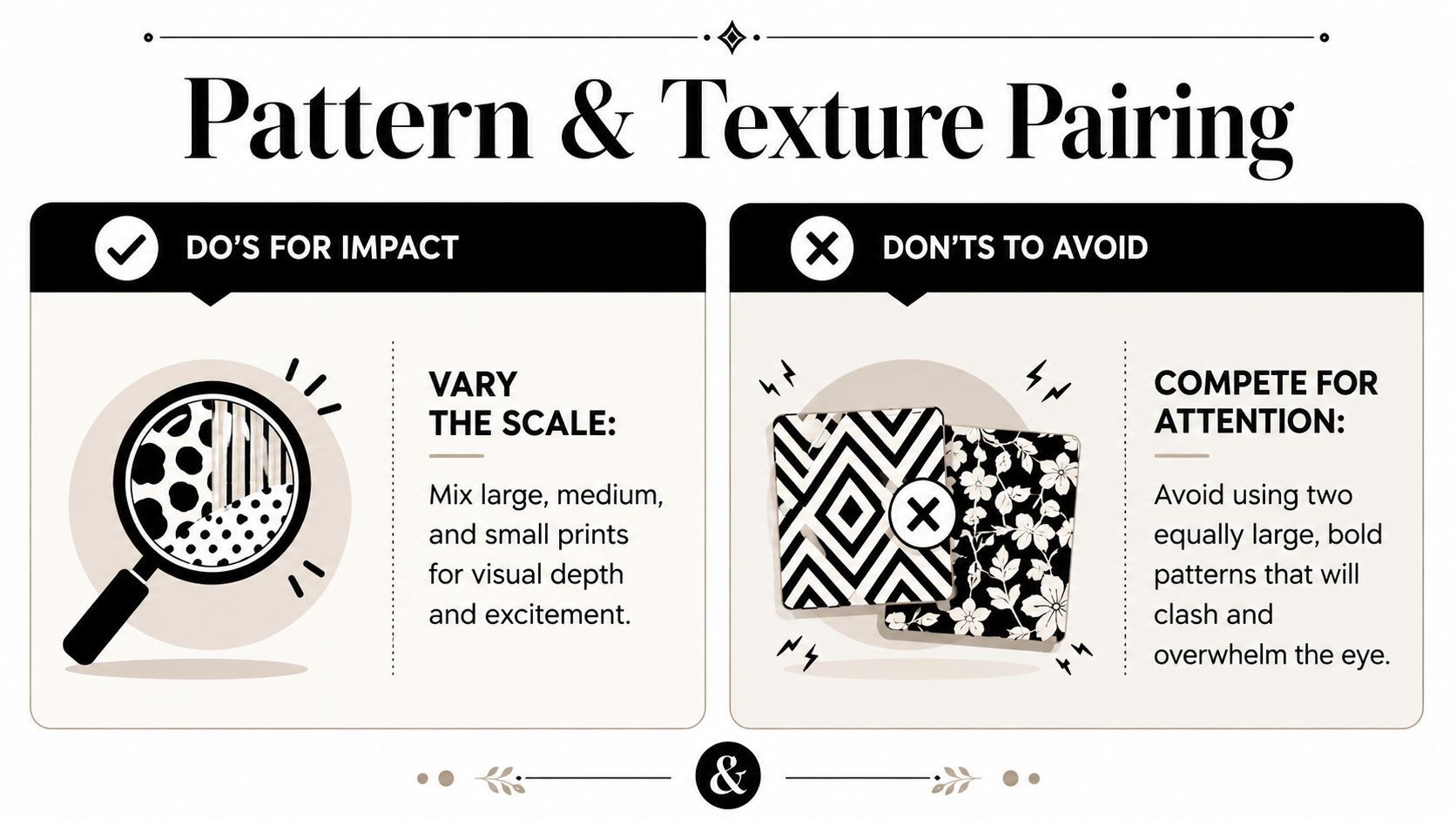 A design infographic showing do's and don'ts of pattern and texture pairing for home decor and fashion.