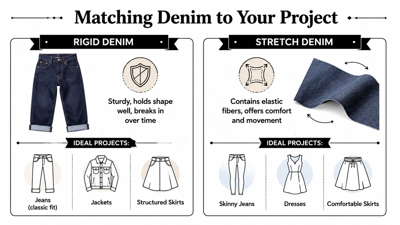 A comparison guide between rigid and stretch denim fabrics for sewing projects, listing ideal garment types for each.