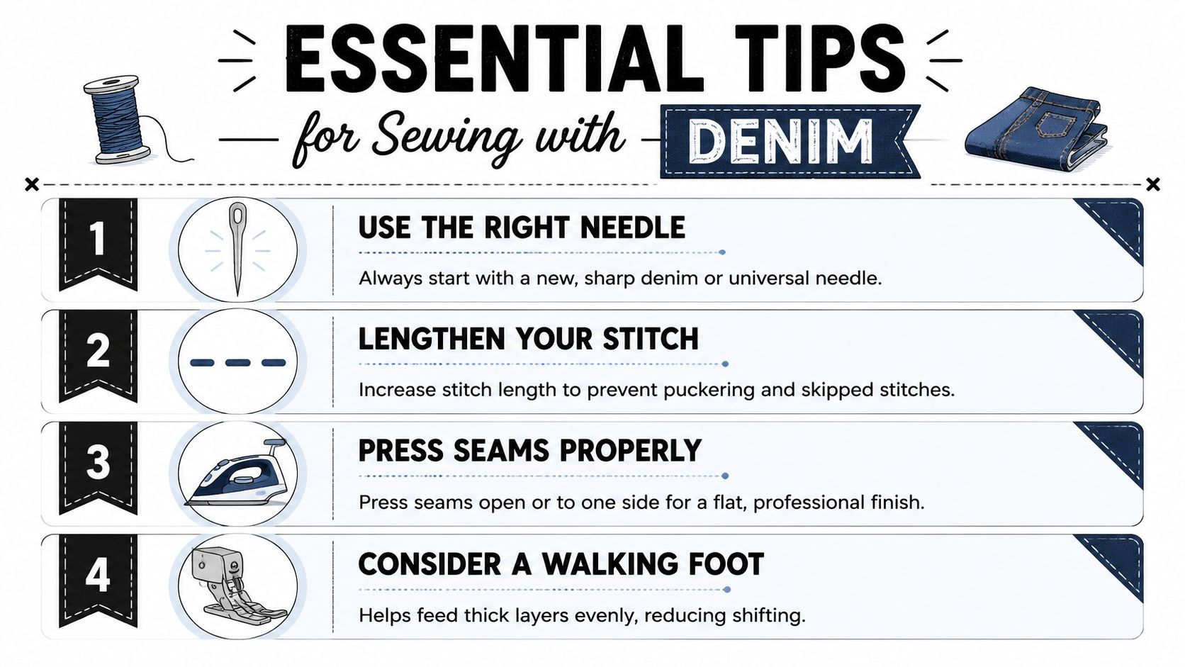 An infographic titled Essential Tips for Sewing with Denim containing four numbered tips with icons.
