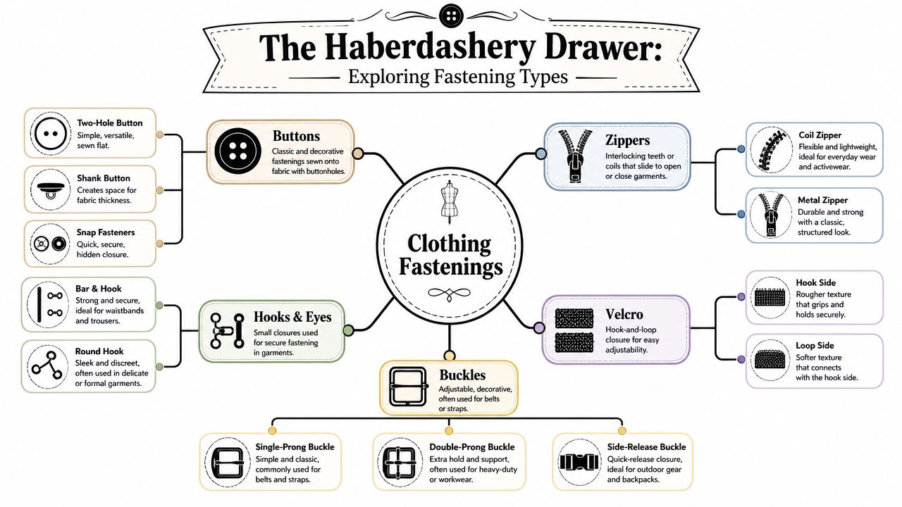 An infographic titled The Haberdashery Drawer explaining different types of clothing fastenings like buttons, zippers, and buckles.