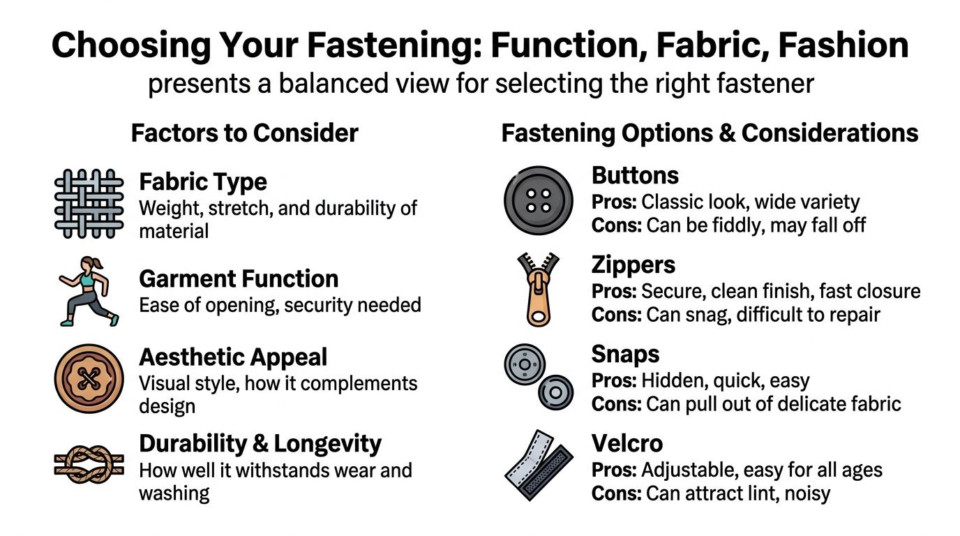 An infographic titled Choosing Your Fastening comparing factors and options for clothing closures like buttons and zippers.