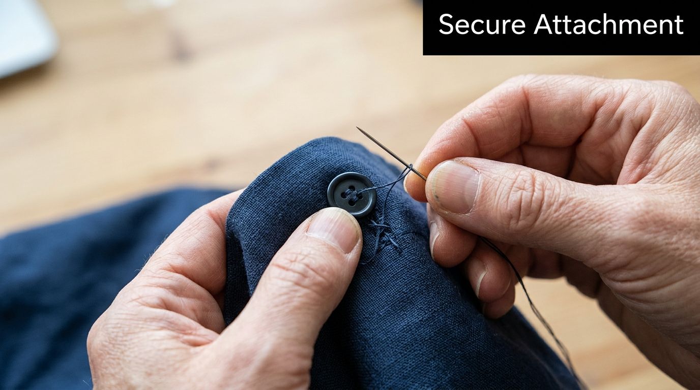 Close up of a person sewing a dark blue button onto a piece of fabric.