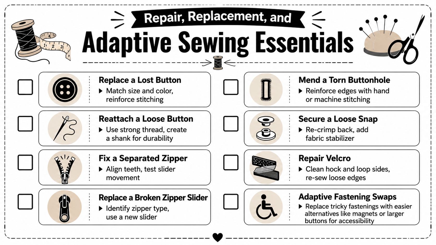 An infographic checklist for adaptive sewing essentials like repairing buttons, zippers, snaps, and velcro fasteners for clothes.