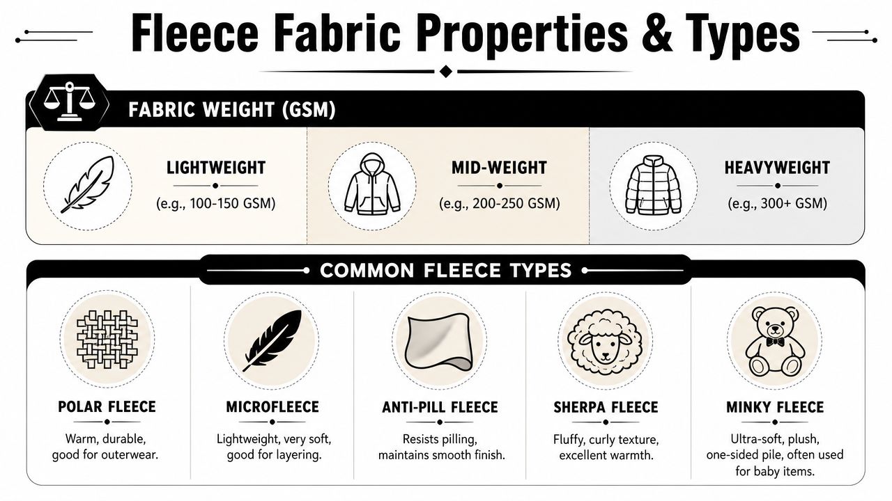 An infographic titled Fleece Fabric Properties and Types detailing weight categories and common fleece varieties.