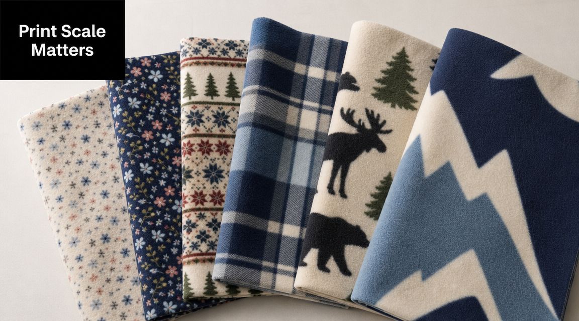 A display of six different folded fleece fabric samples featuring various patterns like flowers, plaid, and wildlife.