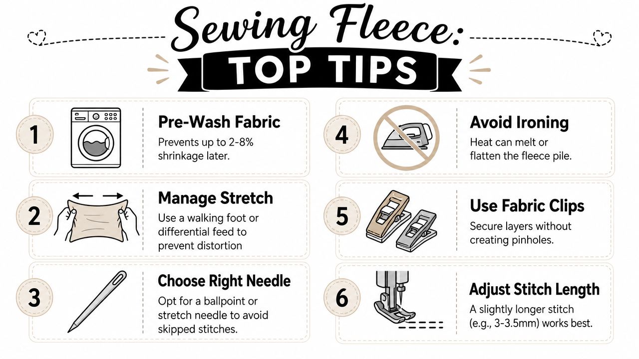 A helpful infographic outlining six top tips for sewing with fleece fabric for successful crafting projects.