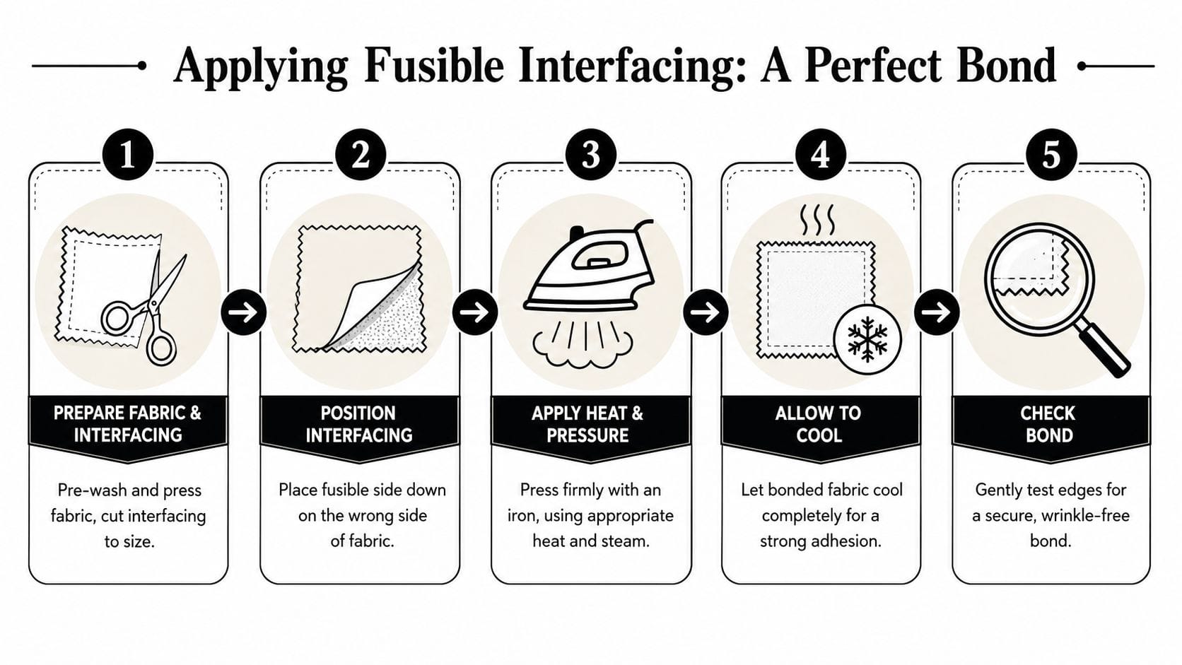 A five-step instructional guide on how to correctly apply fusible interfacing to fabric using heat.