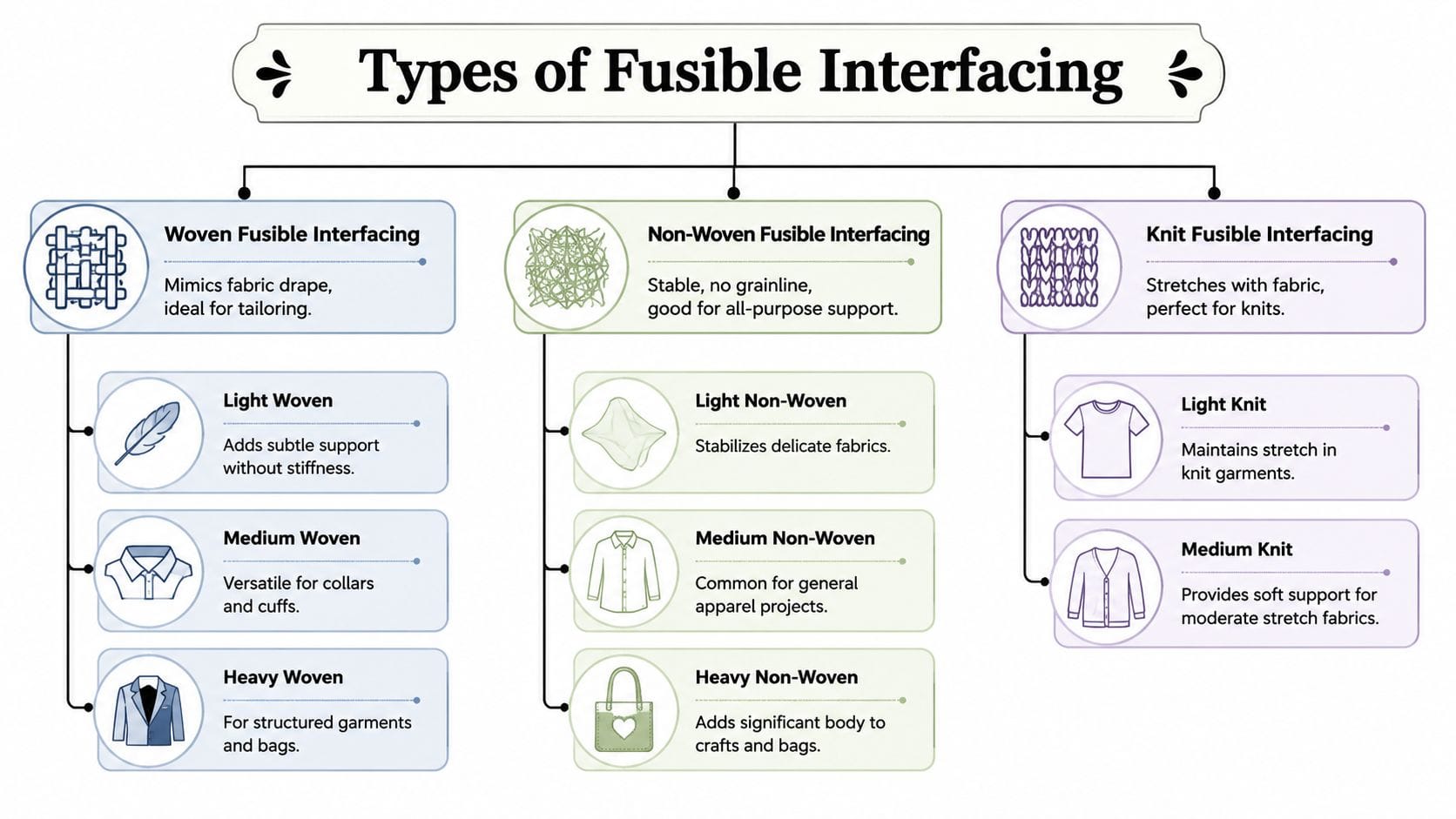 A diagram illustrating three main types of fusible interfacing: woven, non-woven, and knit, with subcategories.