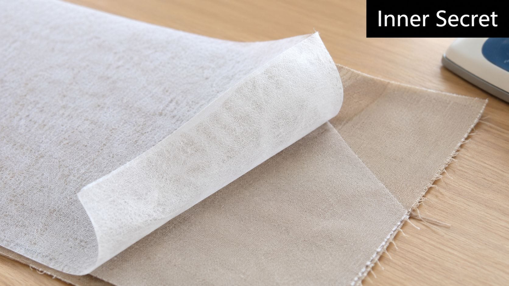 A sheet of white fusible interfacing being applied to a piece of beige fabric on a wooden table.