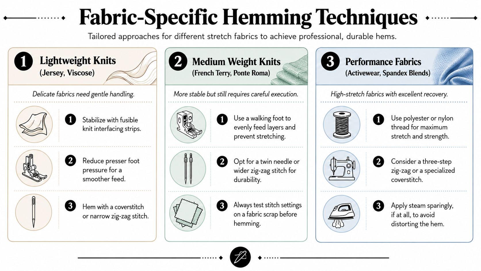 A guide showing professional hemming techniques for lightweight knits, medium weight knits, and high-stretch performance fabrics.