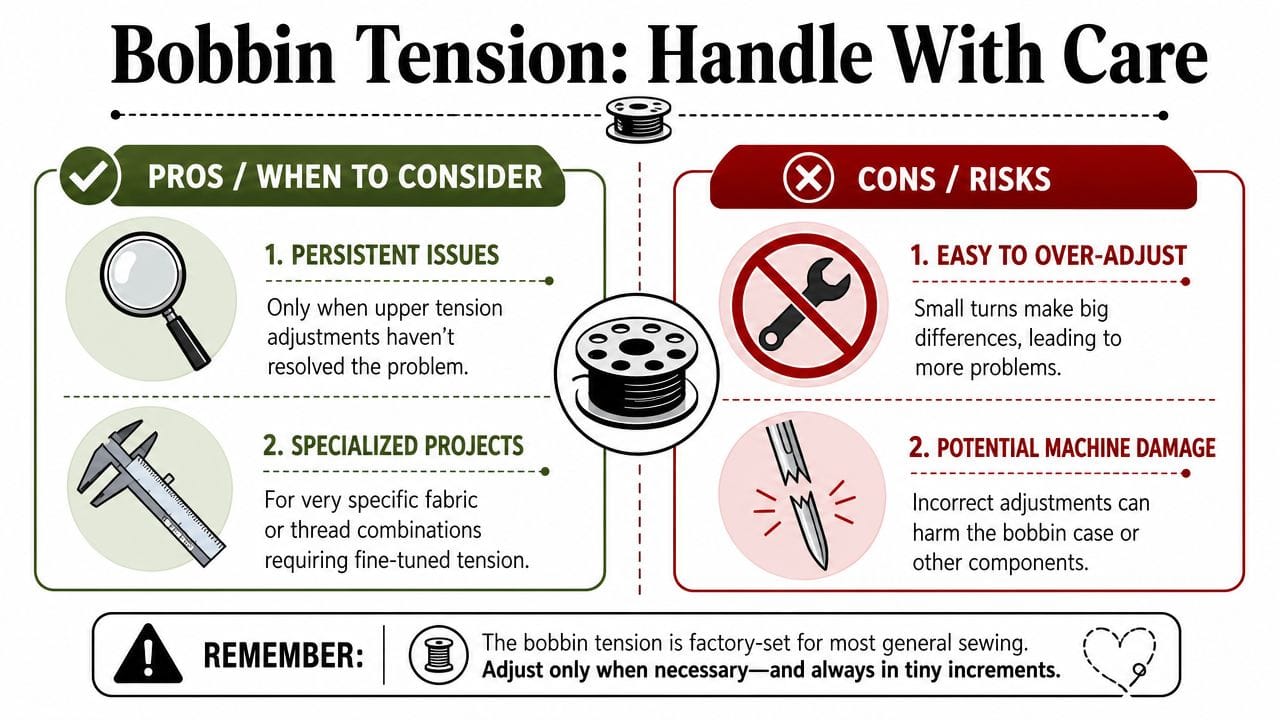 An infographic titled Bobbin Tension Handle With Care detailing pros and cons of adjusting sewing machine bobbins.