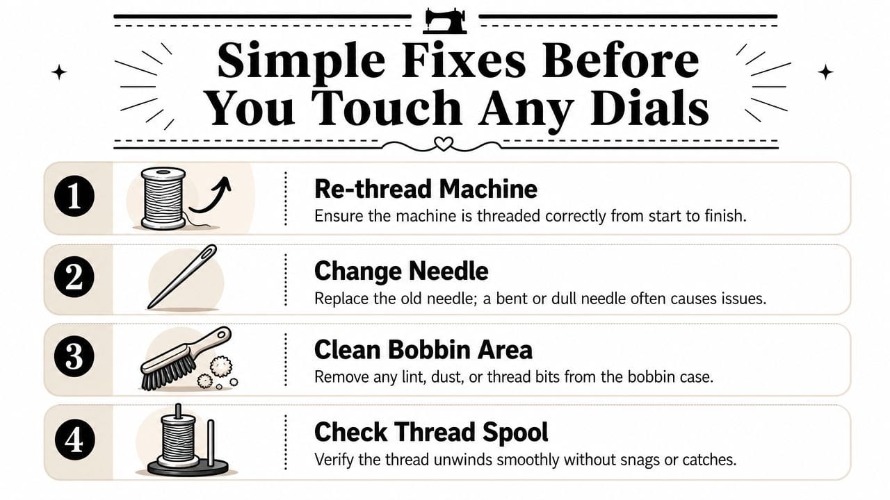 An infographic titled Simple Fixes Before You Touch Any Dials, showing four steps to troubleshoot sewing machines.
