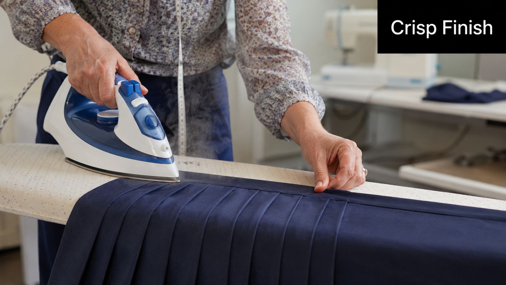A tailor carefully irons the crisp pleats of a dark blue fabric on an ironing board.
