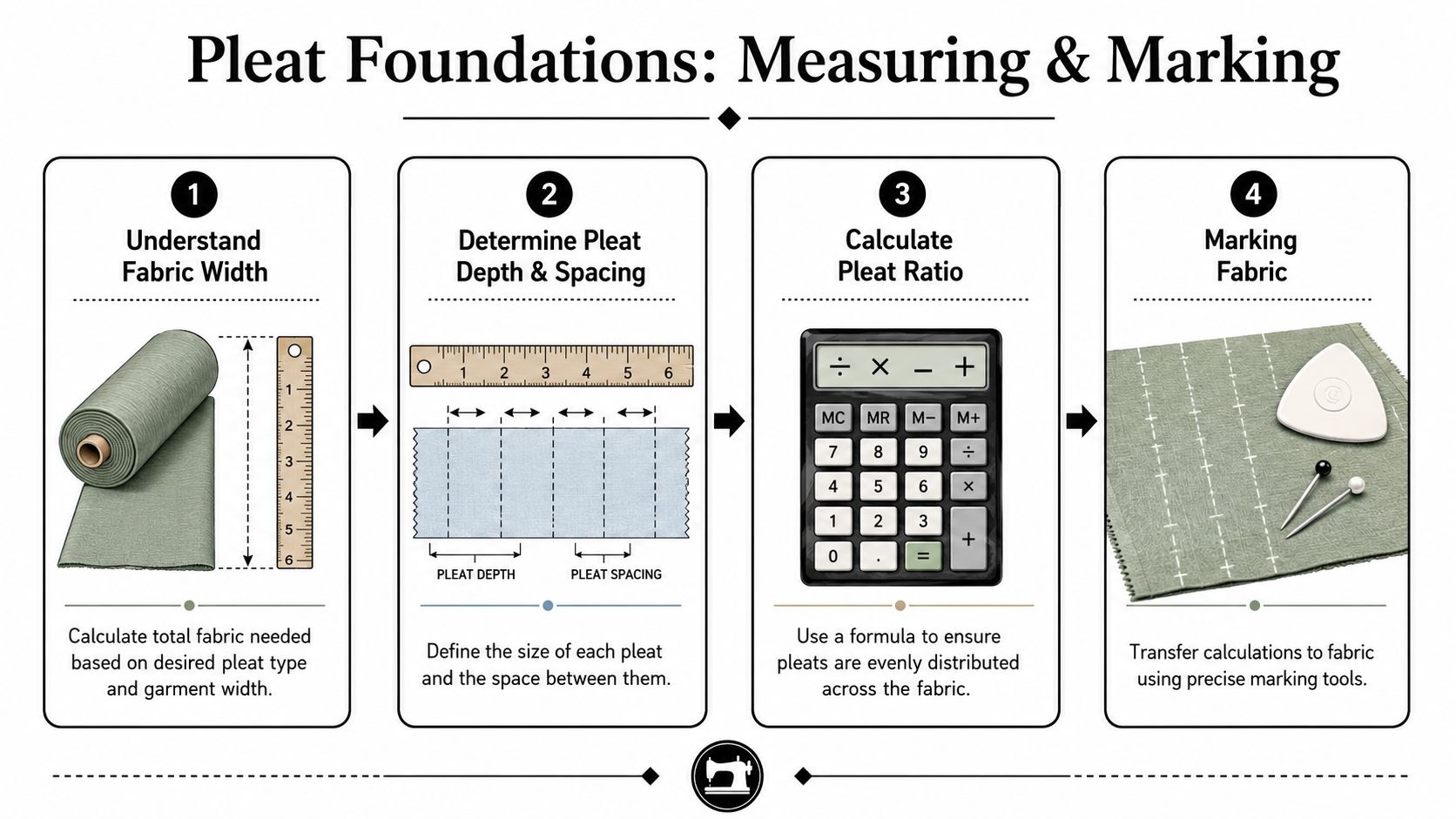 A four-step infographic illustrating the process of measuring and marking fabric to create pleats for sewing.