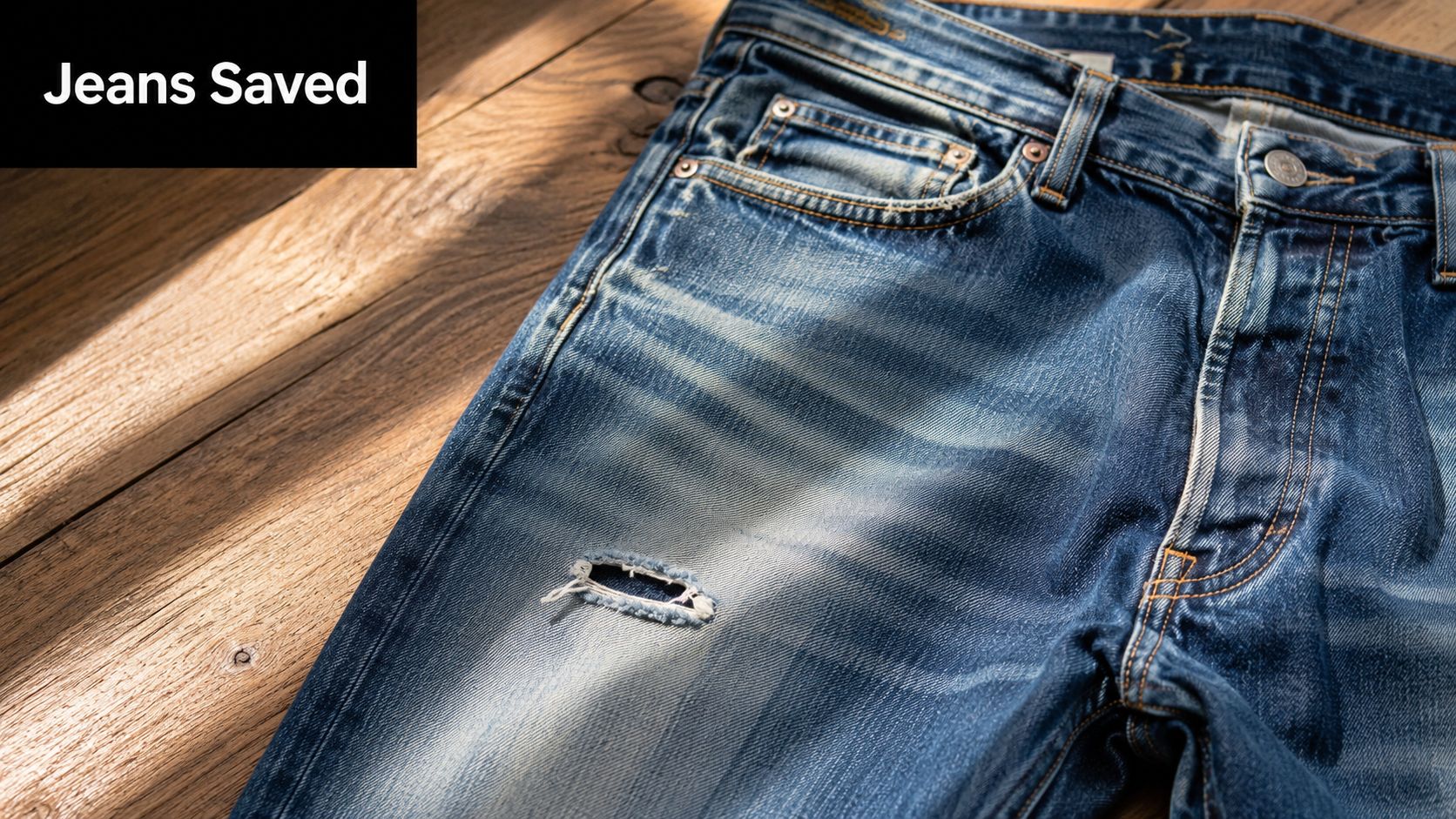 A pair of blue denim jeans with a small tear resting on a rustic wooden floor.