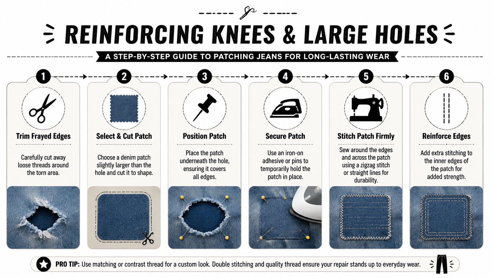 A six-step infographic guide illustrating the process of repairing holes in denim jeans with fabric patches.