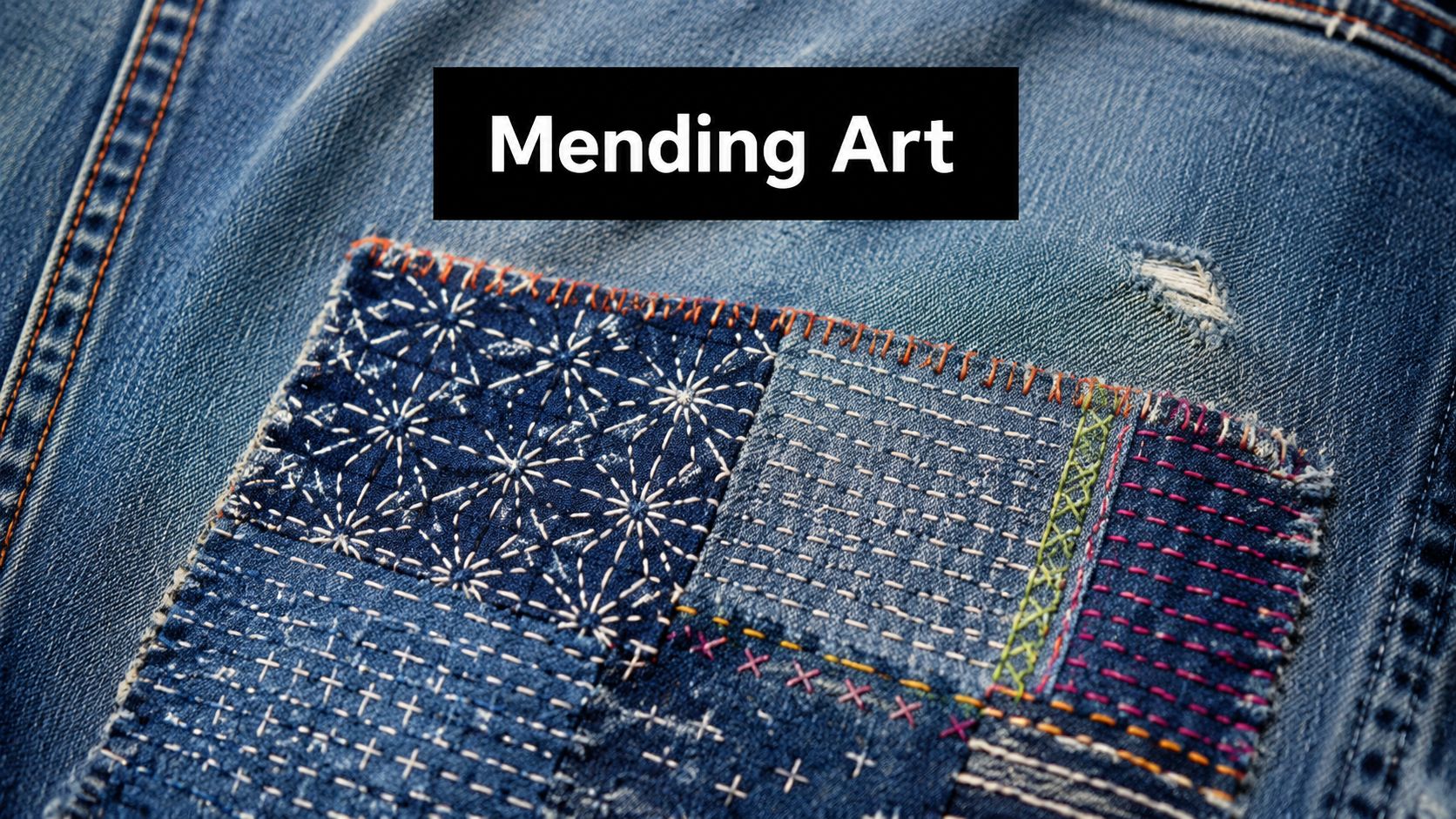 A close-up view of denim jeans featuring intricate sashiko hand stitching and colorful decorative patches for repair.