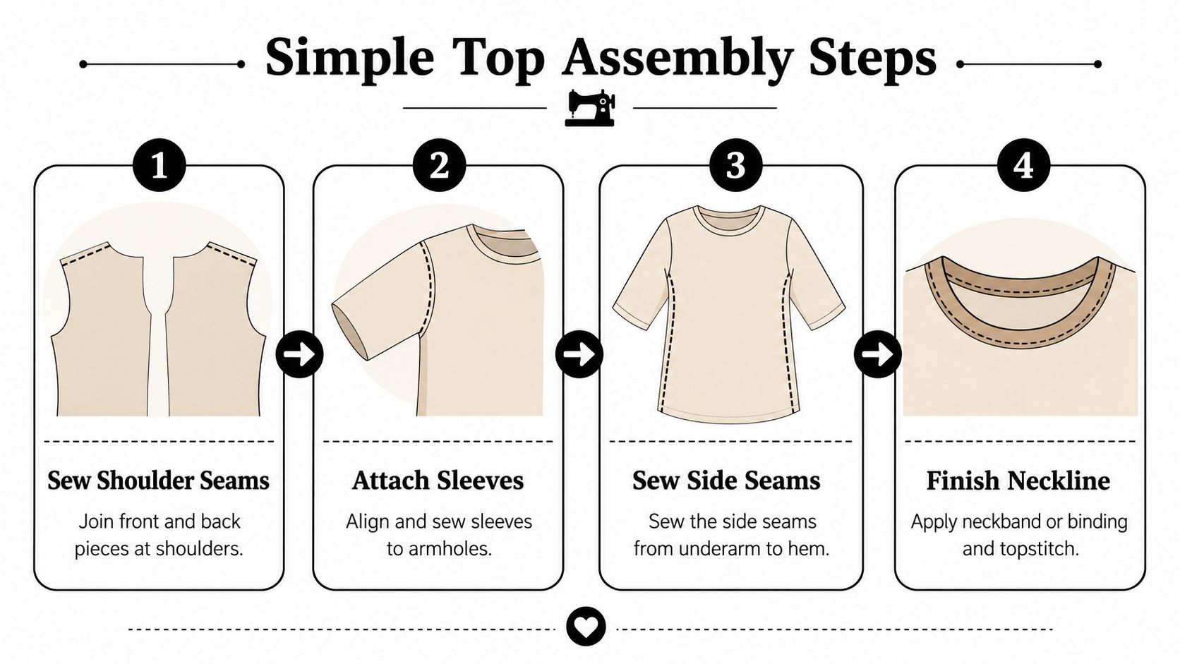 An infographic showing four simple steps to assemble a top, illustrating sewing shoulders, sleeves, sides, and neckline.