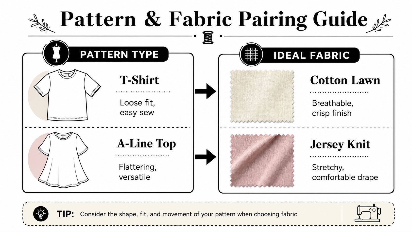 A fabric pairing guide showing t-shirts and a-line tops matched with cotton lawn or jersey knit fabrics.