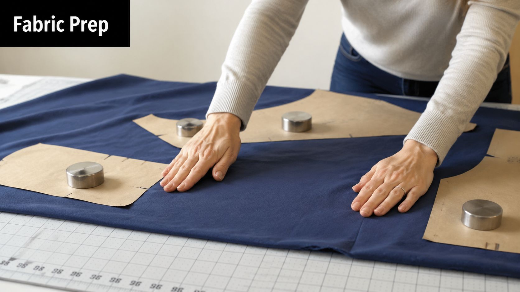 A person placing pattern pieces on blue fabric on a cutting mat for sewing a garment.