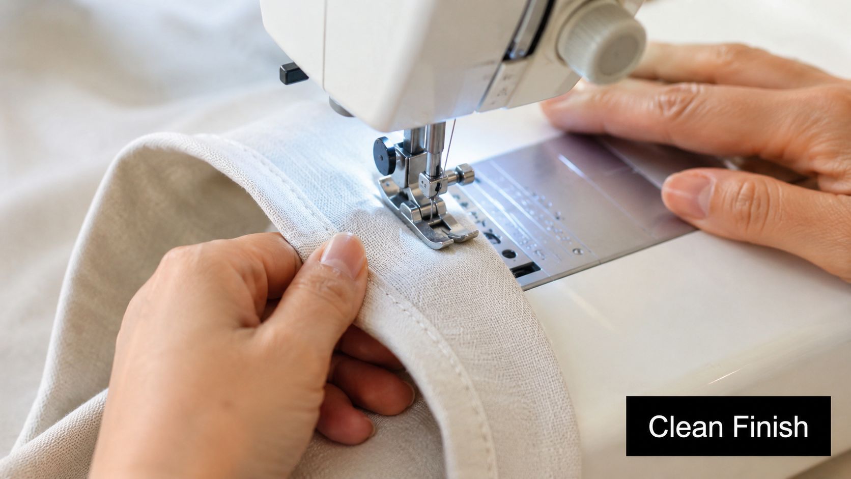 A close-up view of hands using a sewing machine to hem a piece of light-colored fabric.