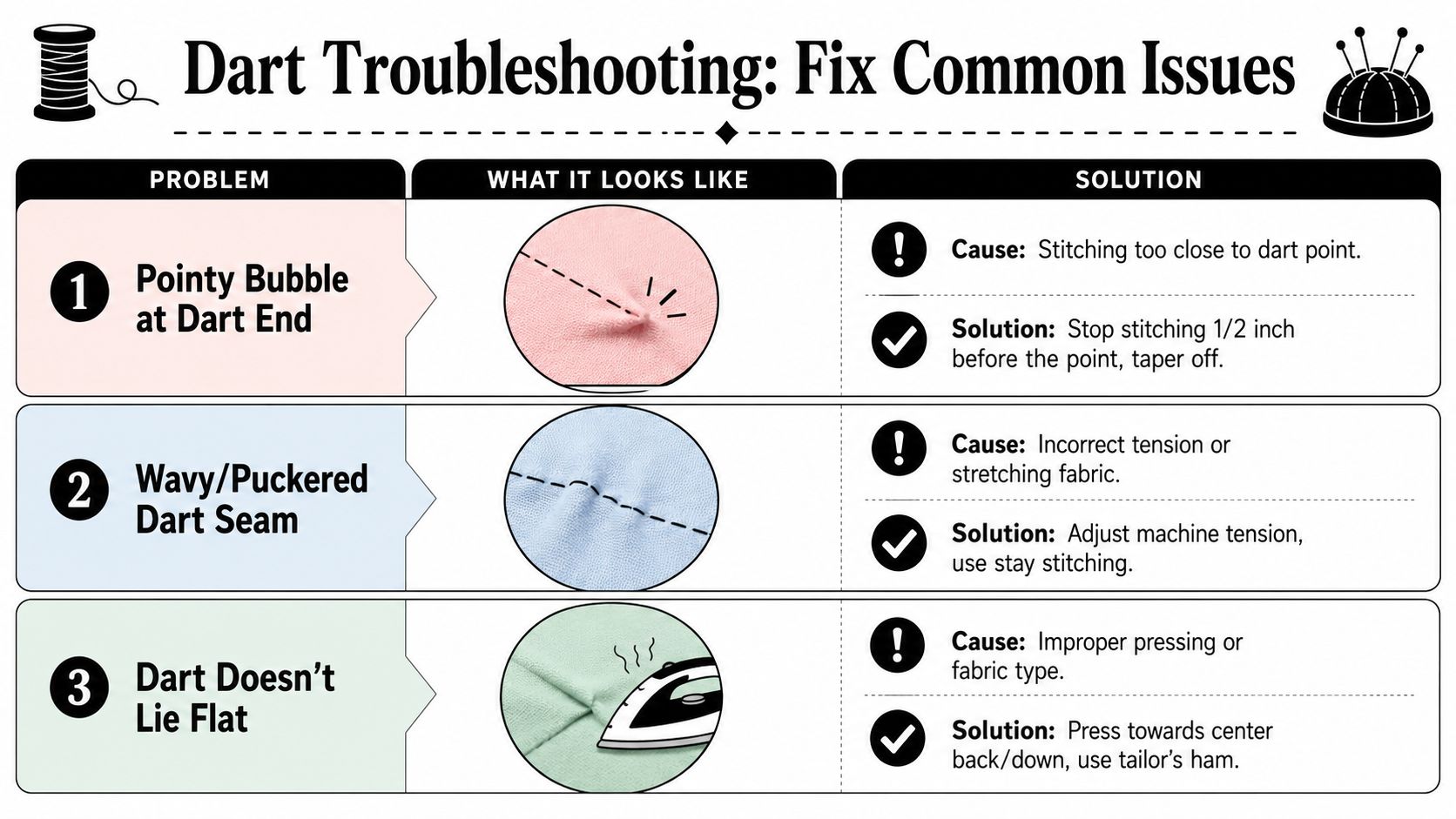An infographic titled Dart Troubleshooting showing common sewing problems, visual examples, and solutions for fixing darts.