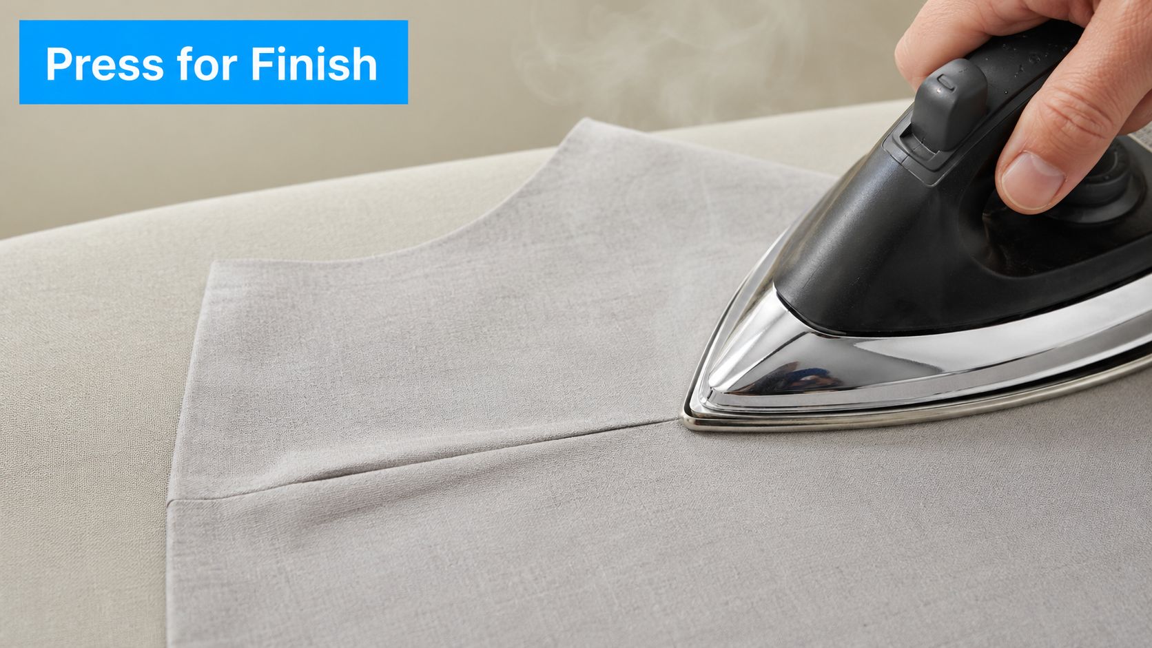 A close-up view of a hand using an iron to press a seam on grey fabric.