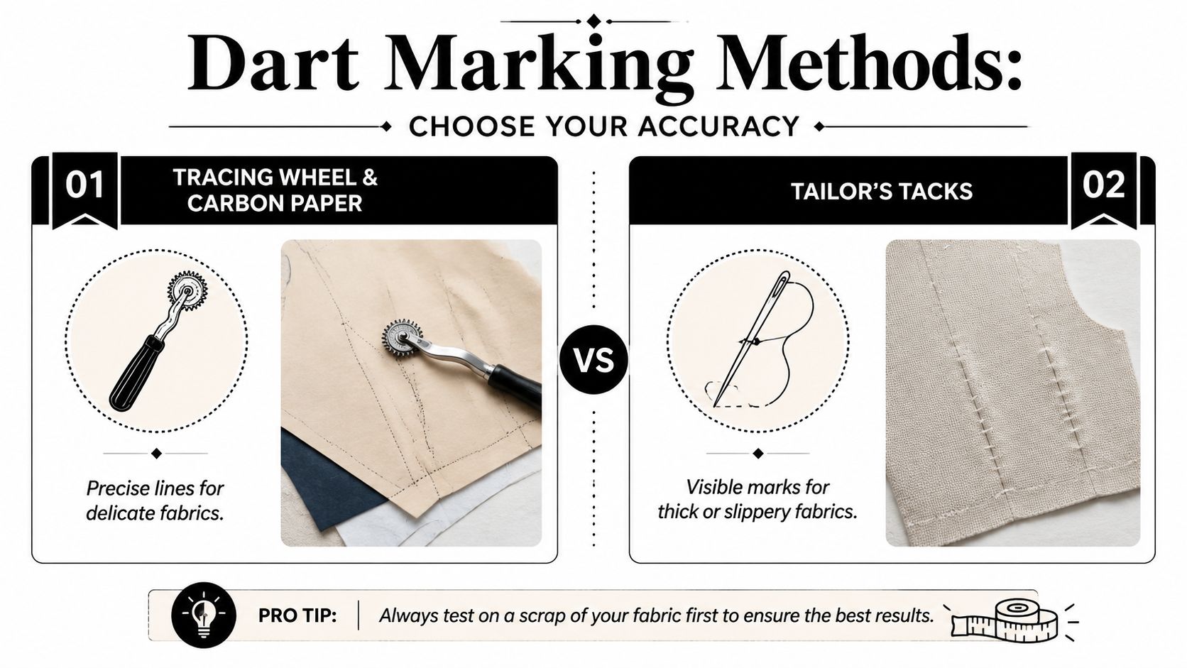 A comparison infographic showing two methods for marking fabric darts: tracing wheel with carbon paper and tailor's tacks.