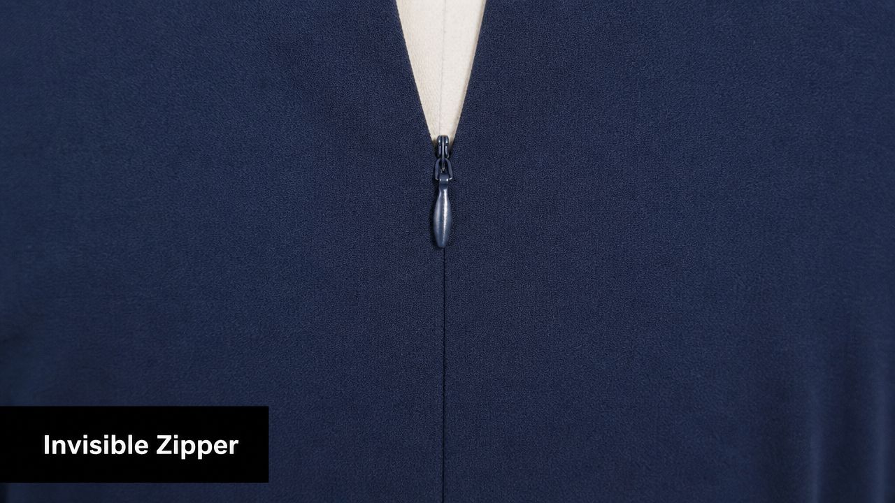 A close-up view of a dark blue invisible zipper sewn into a garment with a matching slider.