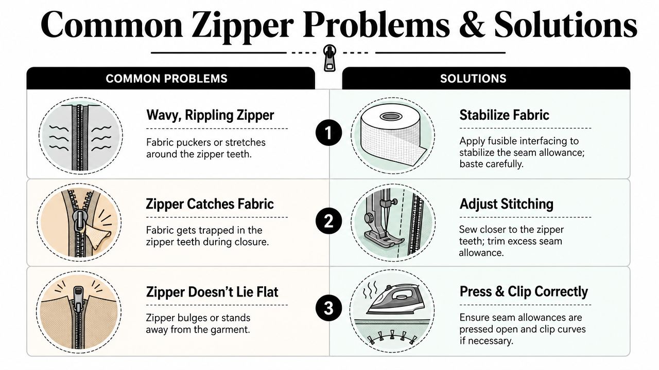 An infographic illustrating common zipper sewing problems and their corresponding solutions for successful garment construction.