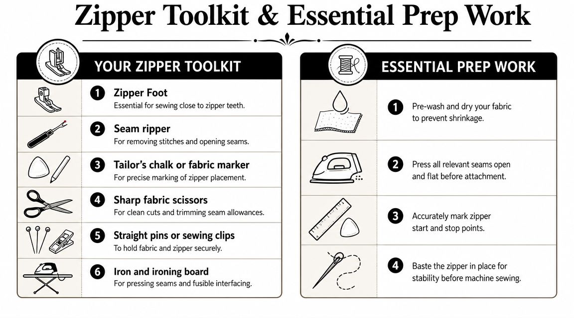 A helpful infographic outlining essential sewing tools and preparation steps for successfully installing a zipper in fabric.