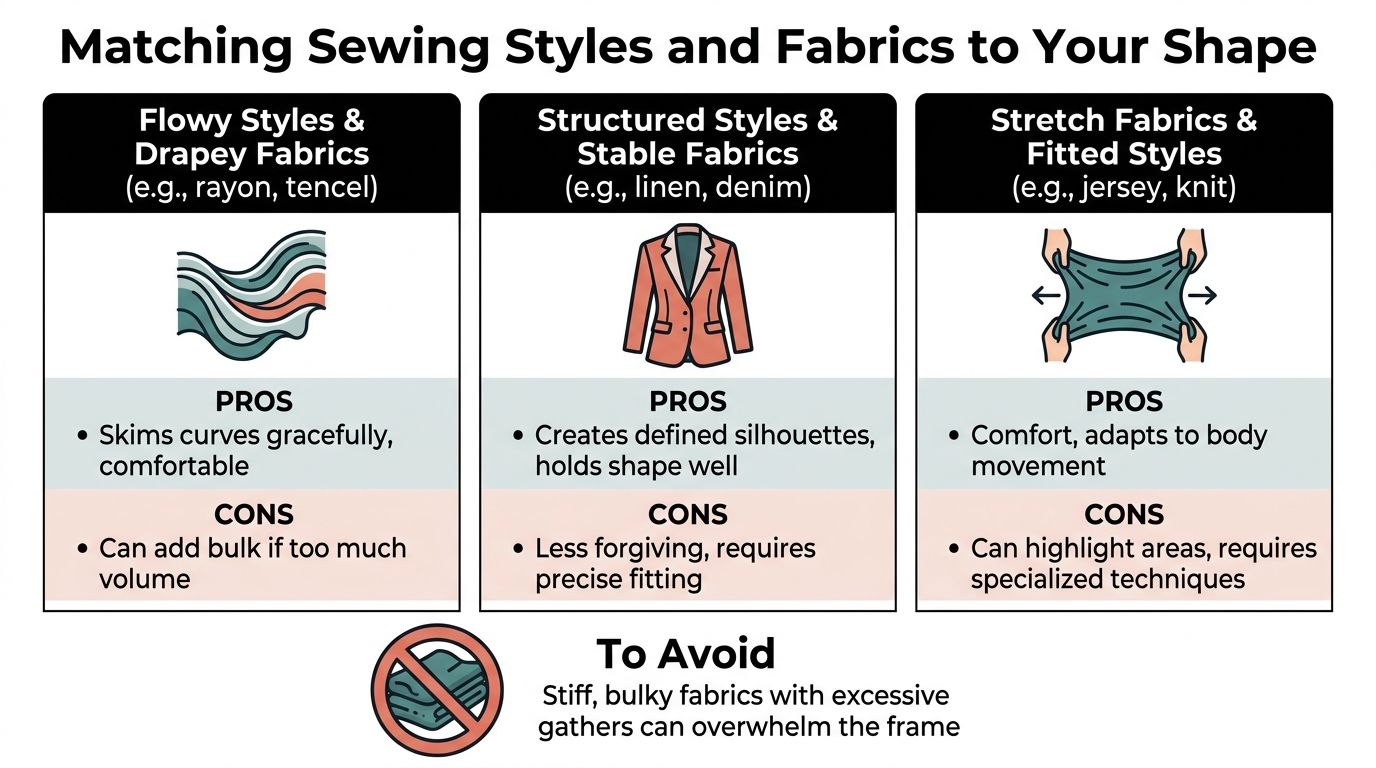 A chart comparing flowy, structured, and stretch fabric sewing styles with pros and cons for body shapes.
