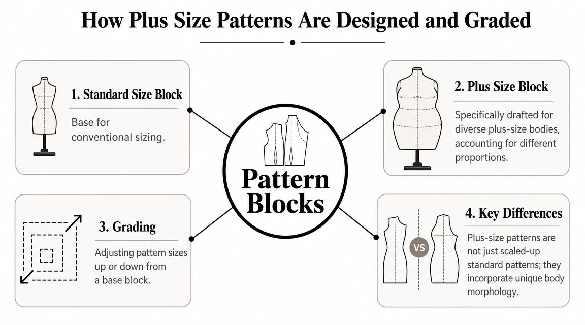 An infographic illustrating how plus size sewing patterns are designed, graded, and differ from standard sizes.