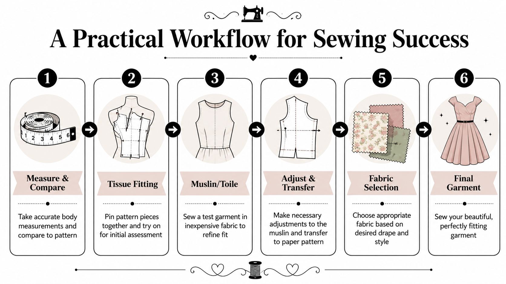 An infographic detailing a six-step practical workflow for sewing success, from body measurement to final garment construction.