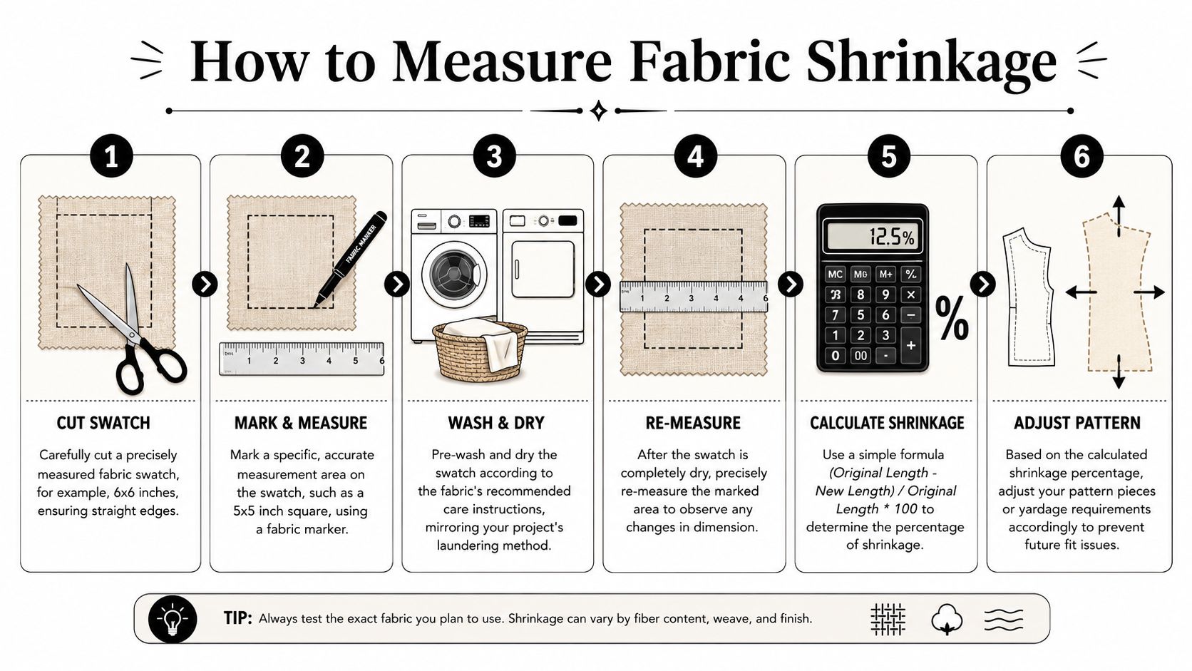 A step-by-step infographic illustrating how to measure fabric shrinkage before sewing to ensure proper garment sizing.