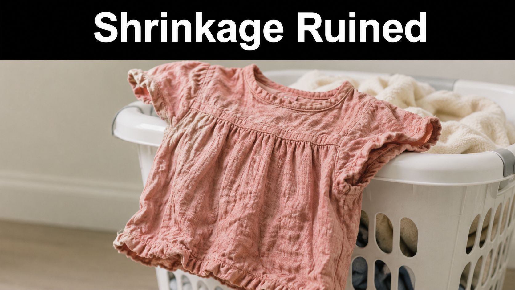 A small pink child's top sits on top of a laundry basket filled with clothes.