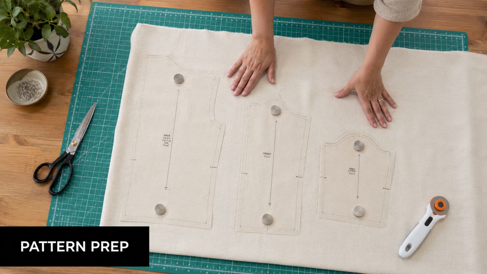 A person placing fabric pattern pieces on cloth before cutting them with a rotary cutter.