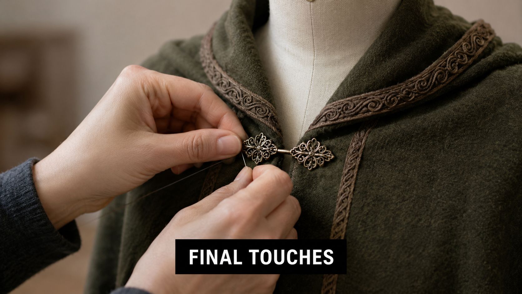 A close-up shot of a person sewing an ornate metal clasp onto a dark green wool cape.