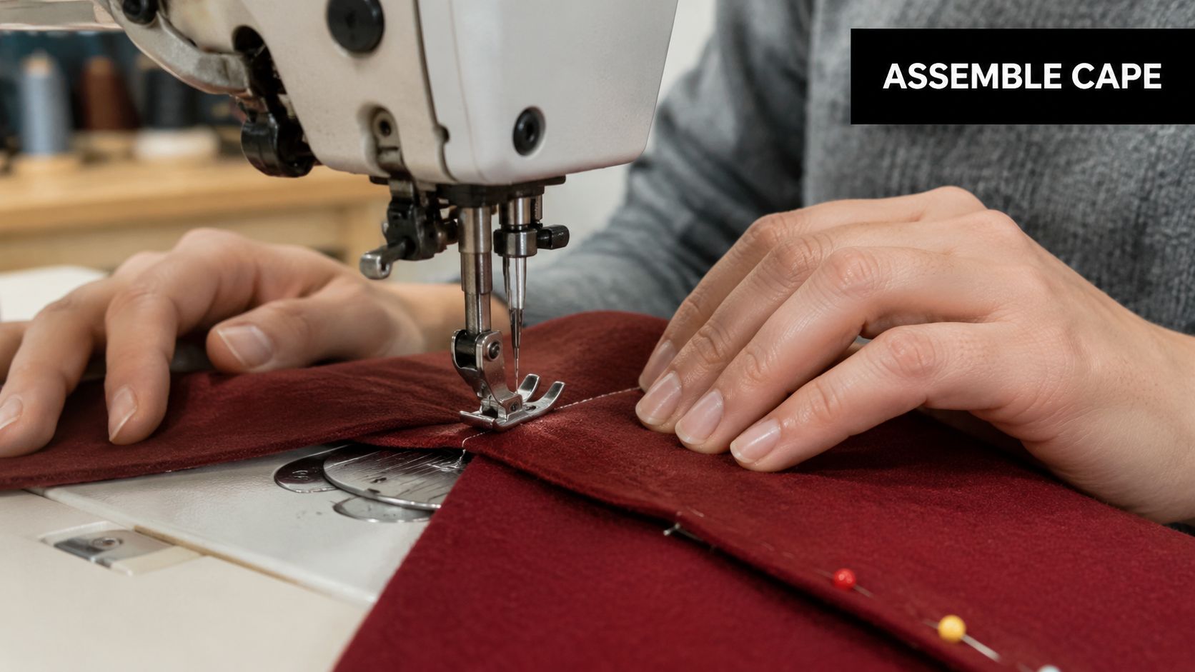 Close up of hands sewing a piece of deep red felt fabric on a professional sewing machine.