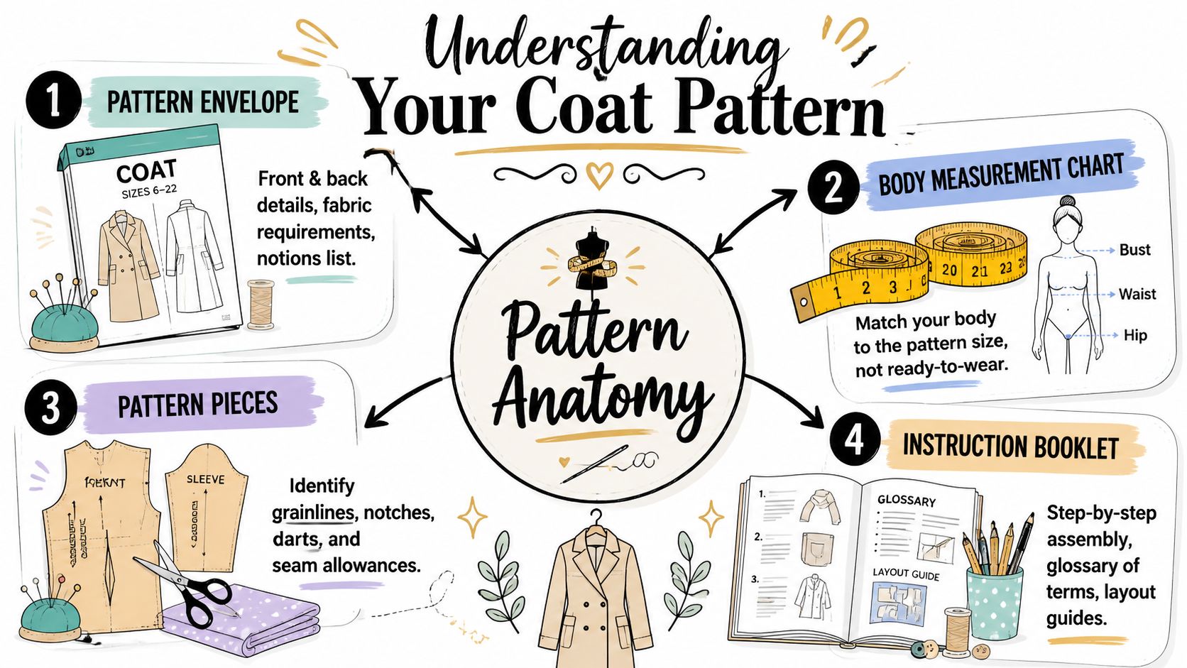 A visual guide titled Understanding Your Coat Pattern explaining the four key elements of sewing patterns.
