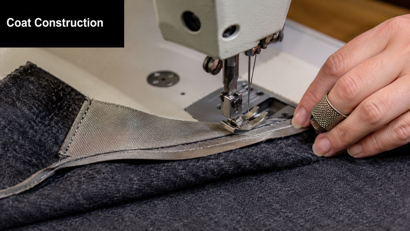A close-up view of a person using a sewing machine to attach ribbon tape to wool fabric.