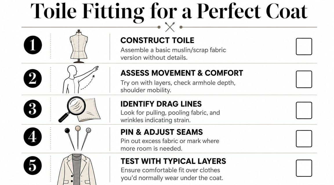 A checklist of five steps for fitting a coat toile, illustrating fabric construction and adjustment techniques.
