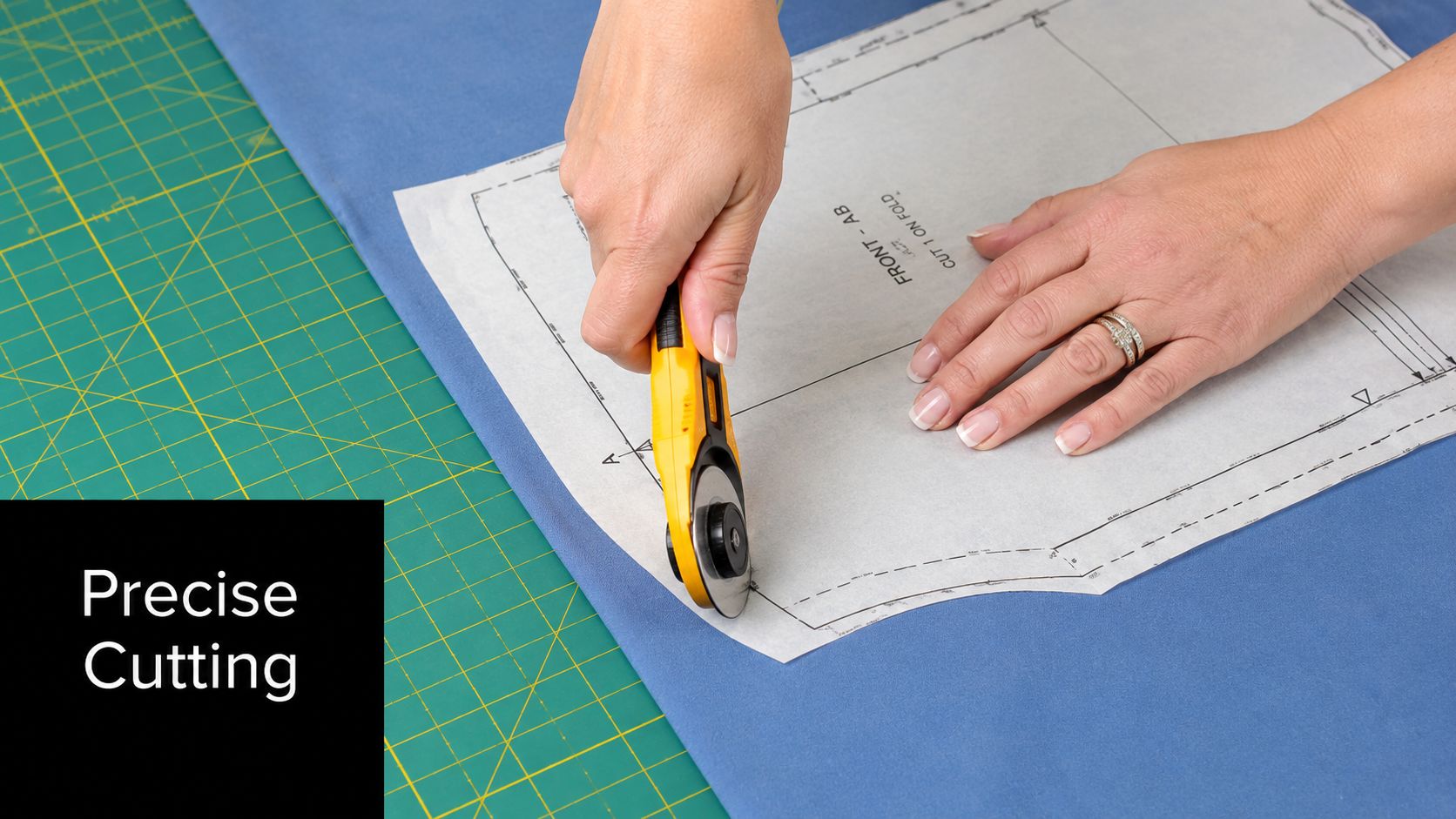 A pair of hands using a rotary cutter to cut a fabric sewing pattern on a mat.