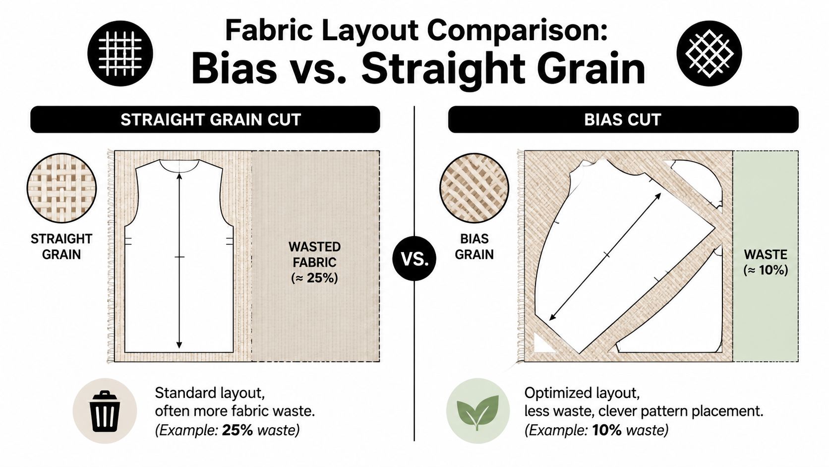 A diagram comparing fabric layout efficiency between straight grain and bias cut, highlighting fabric waste percentages.