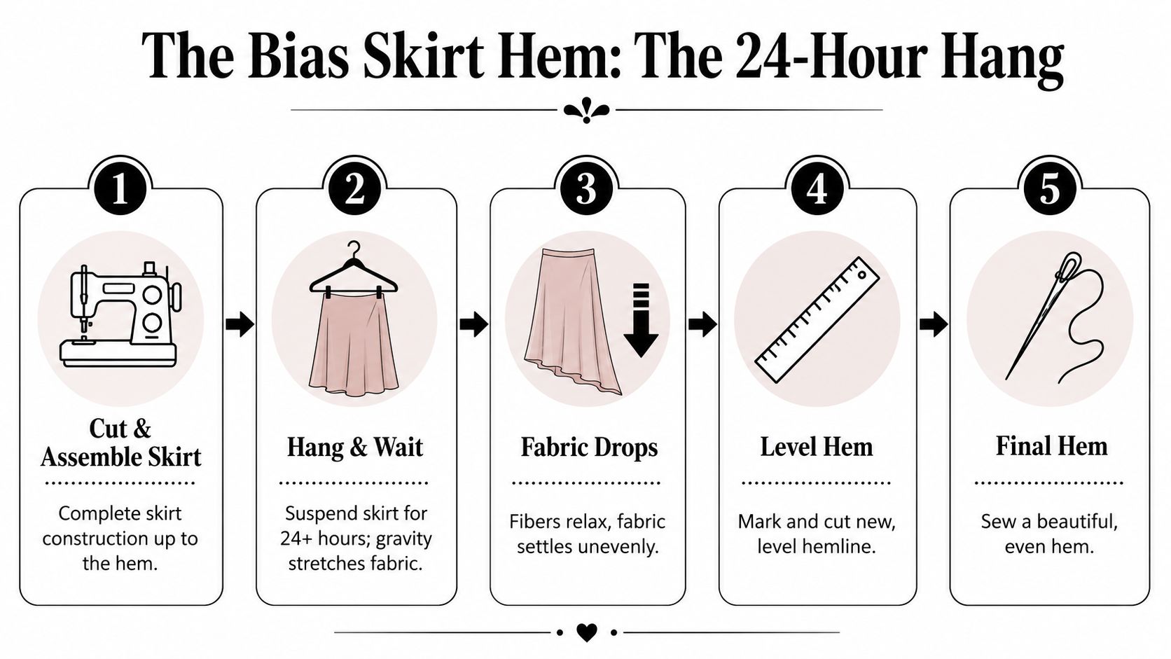 A five-step infographic explaining how to properly hem a skirt cut on the bias.